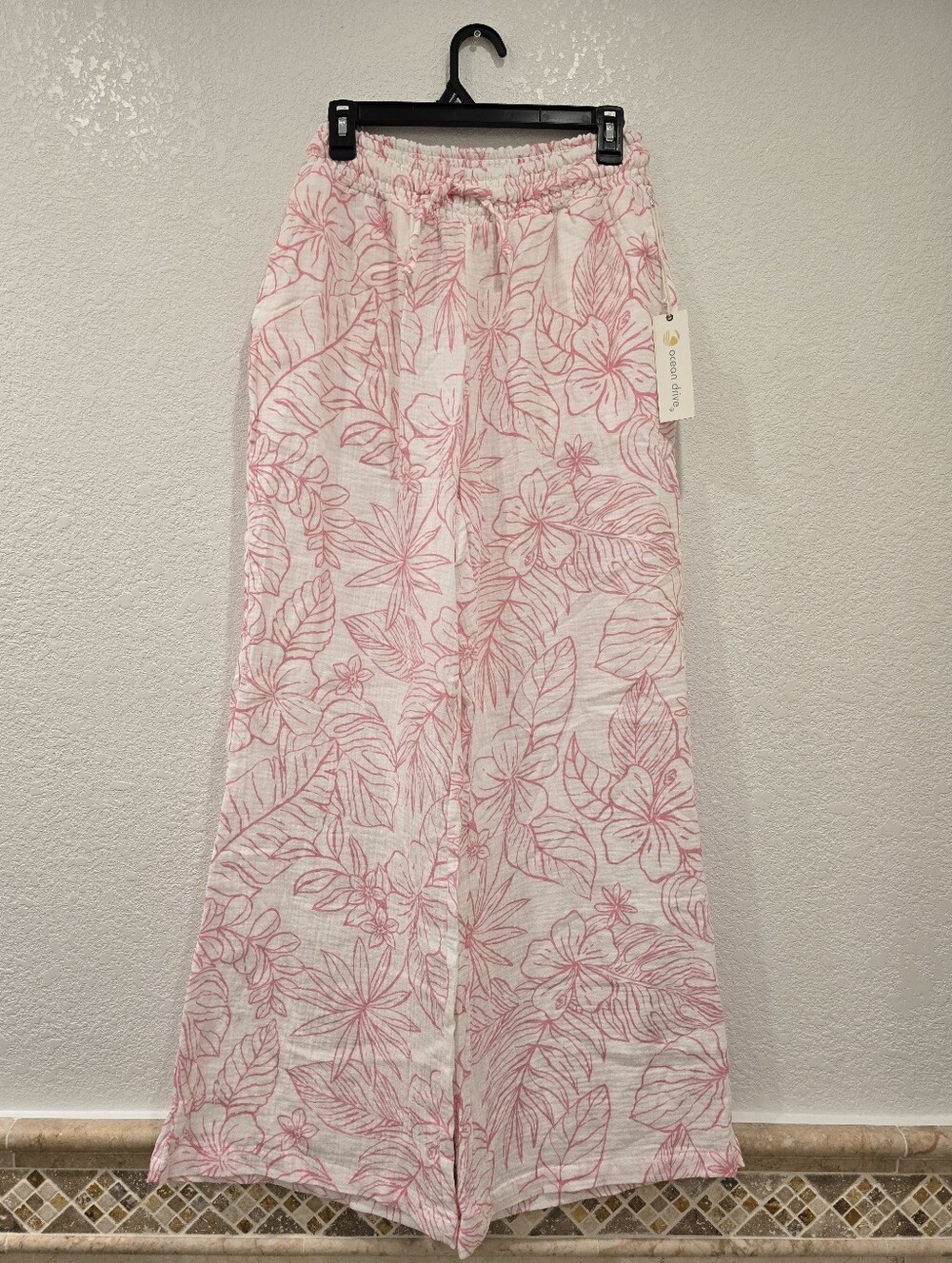 Ocean Drive White Pink Floral Gauze Pants L NWT